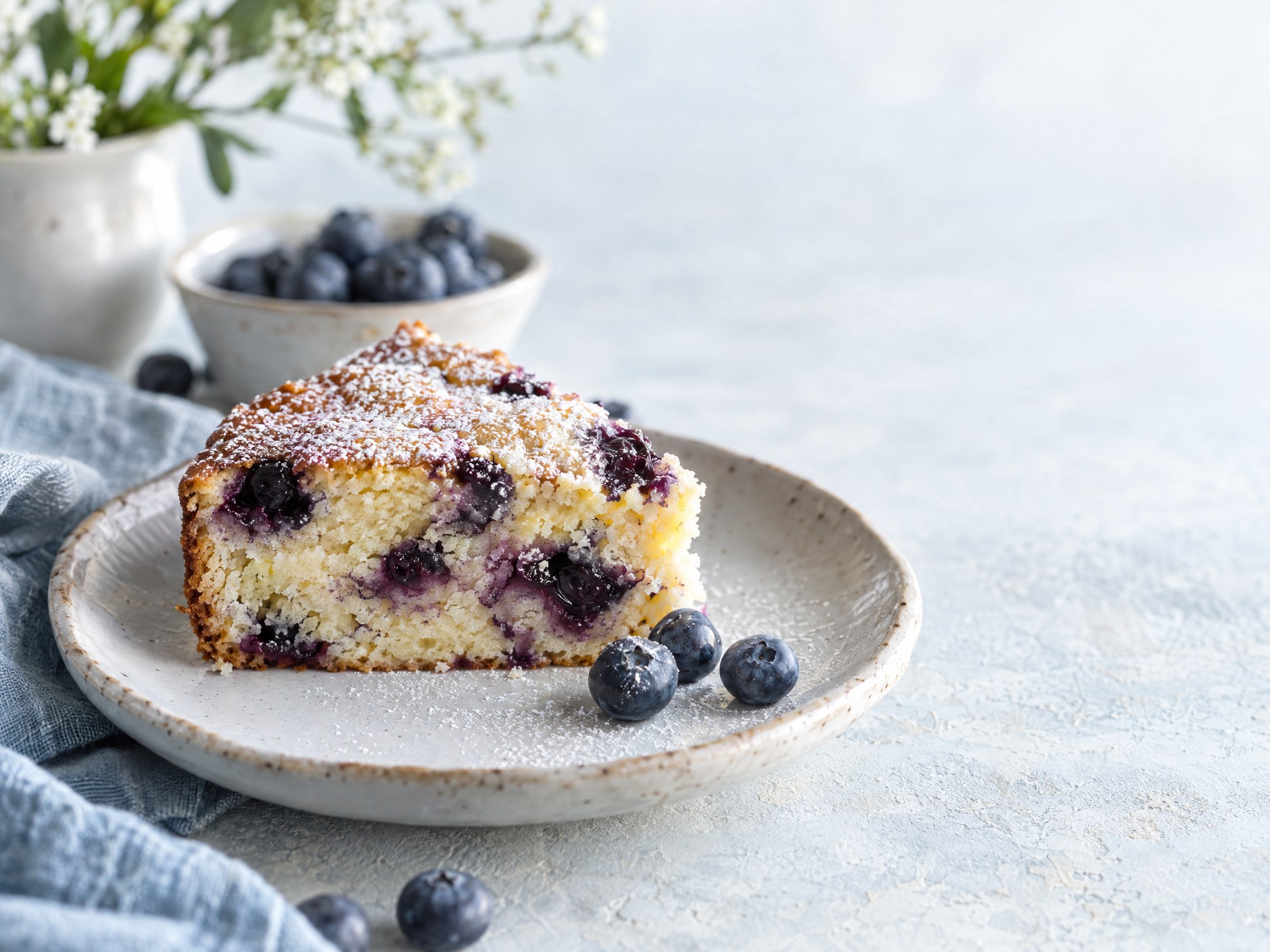 Slice of blueberry yogurt cake with fresh blueberries