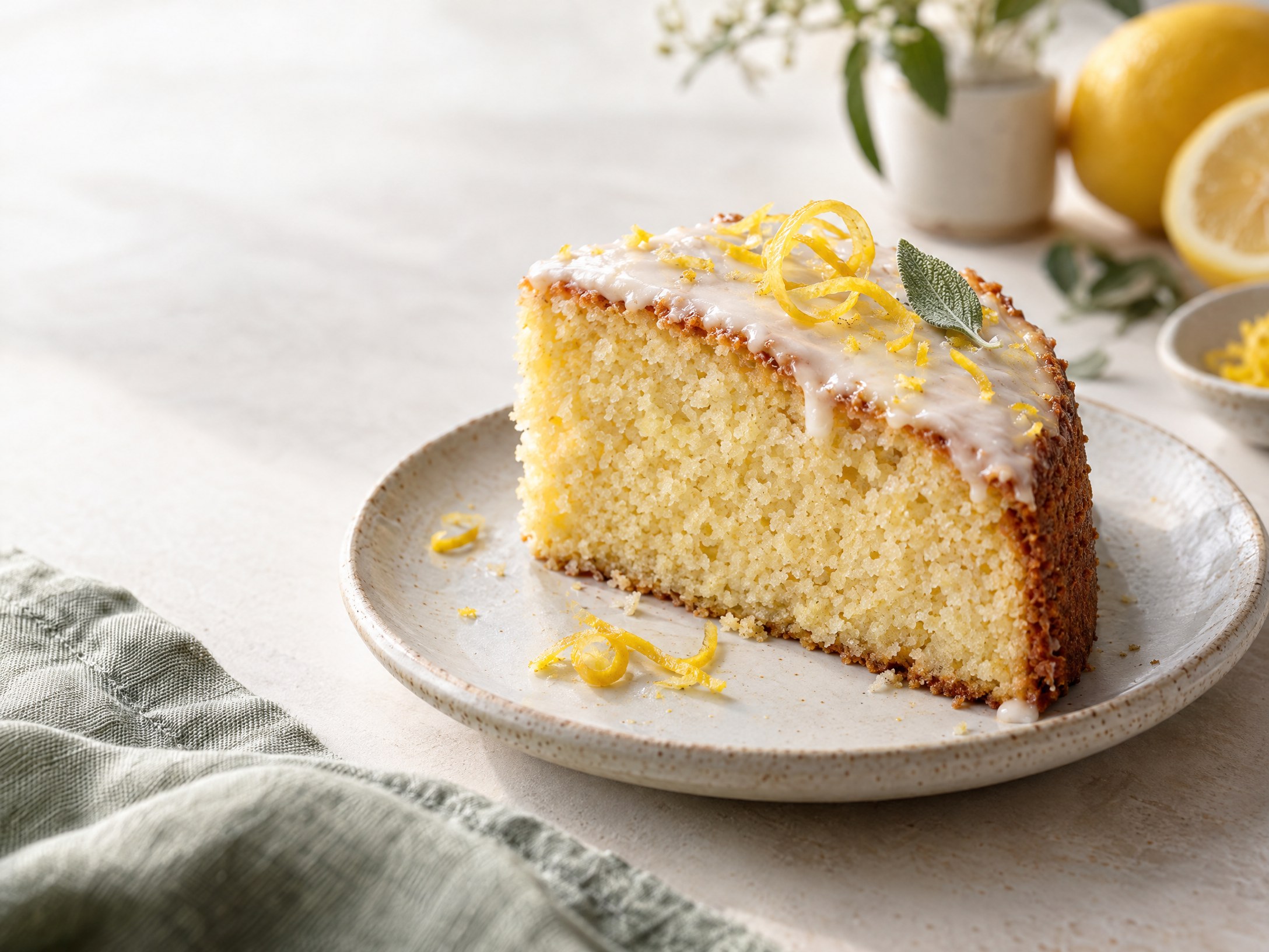 A slice of lemon olive oil cake on a ceramic plate